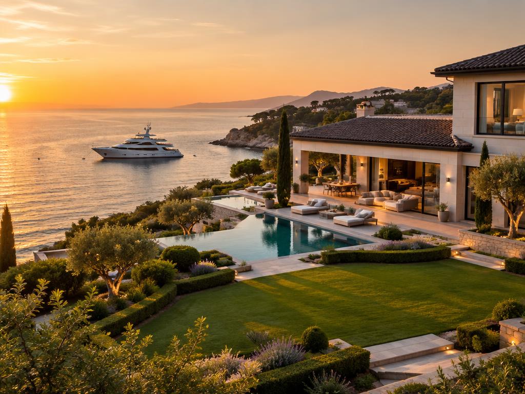 A waterfront estate with landscaped grounds and a yacht offshore