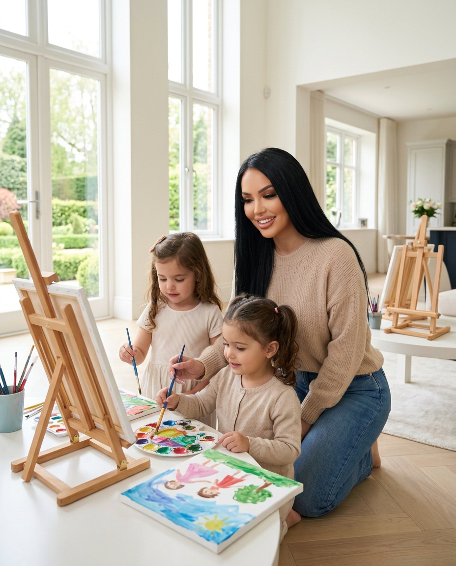 Jasmin supporting two children painting at home