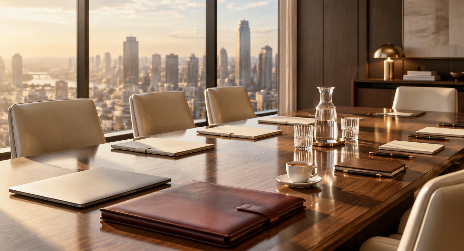 An empty executive boardroom table set with ivory agenda folders, a closed laptop, and a burgundy leather portfolio in morning light