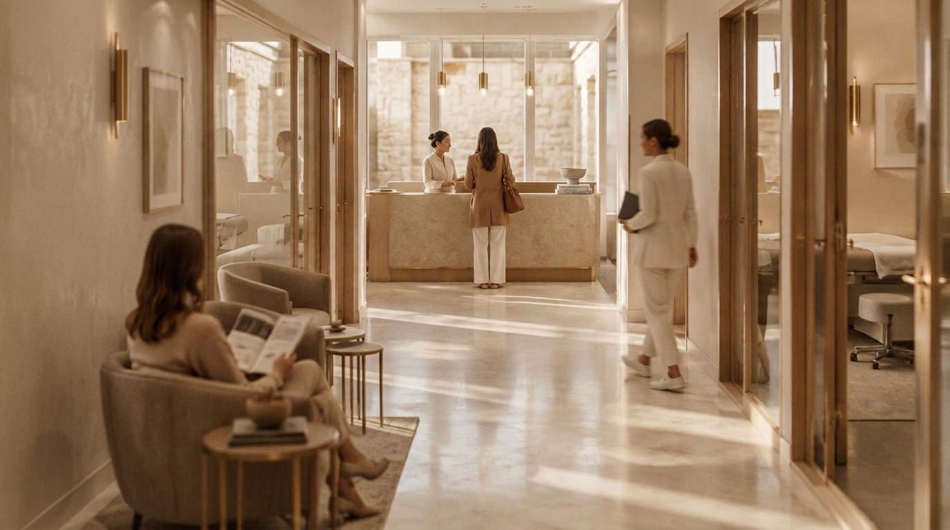 A private medical practice seen down the hallway toward the front desk, with staff and clients