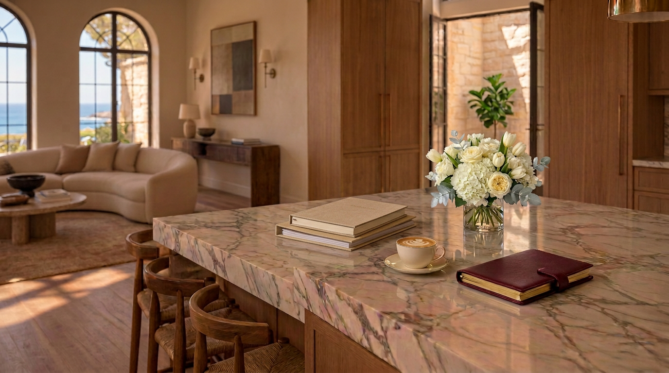 Property folders, a maroon planner, and fresh flowers arranged on a marble island in a sunlit home