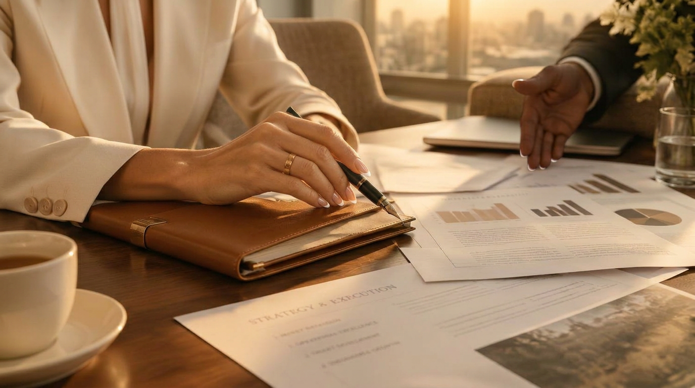 Hands reviewing strategy documents across a sunlit boardroom table