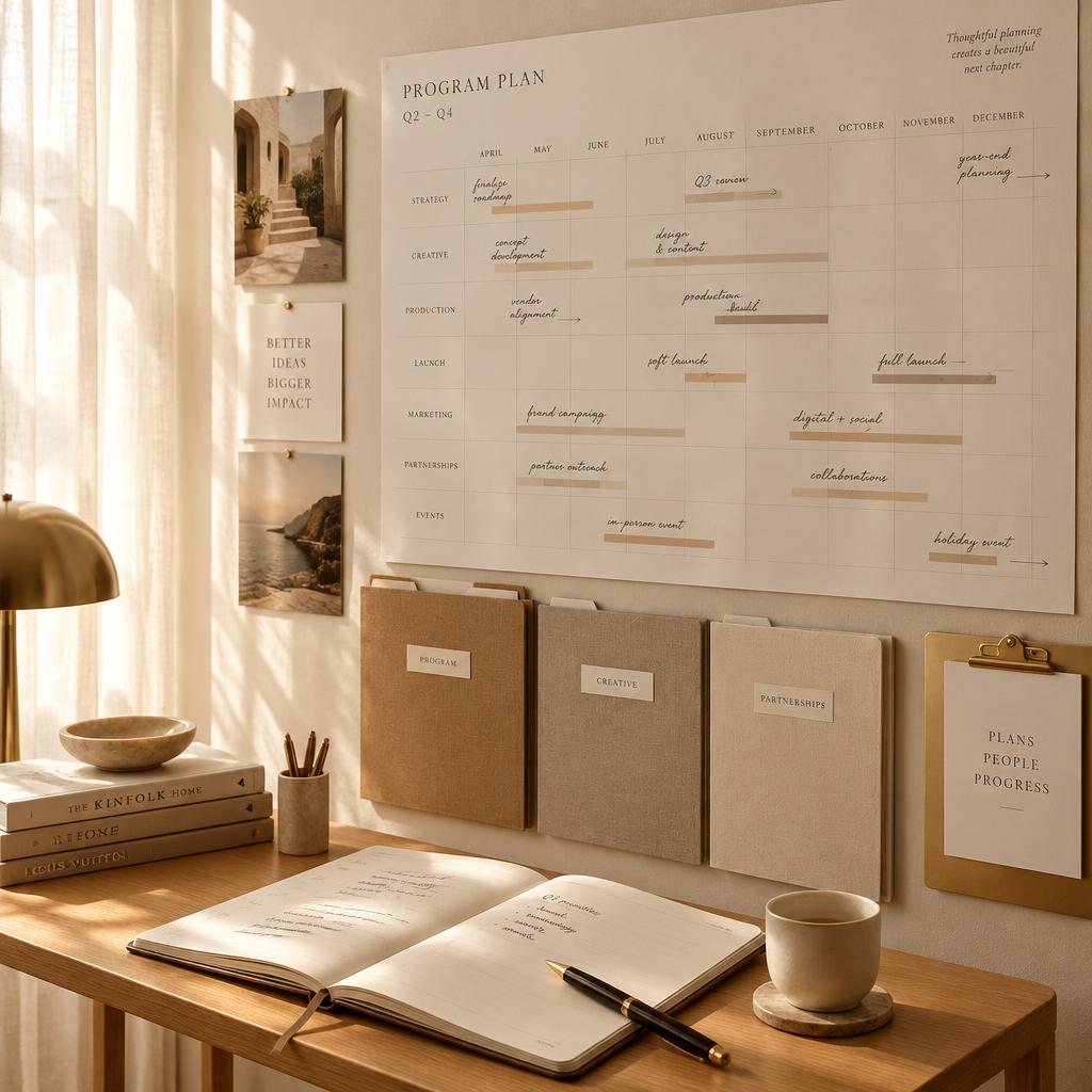 A program-planning wall with an ivory timeline calendar, linen folders, and an open planner in warm morning light