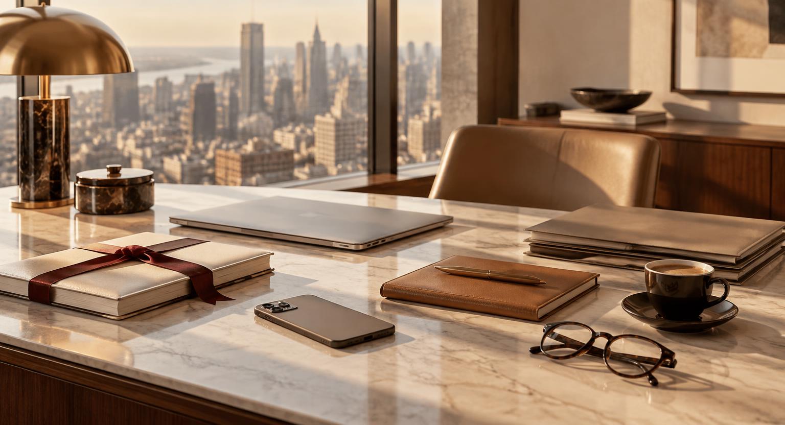 An executive desk set with an ivory planner tied in burgundy ribbon, a closed laptop, a camel leather notebook, and an espresso cup in morning light